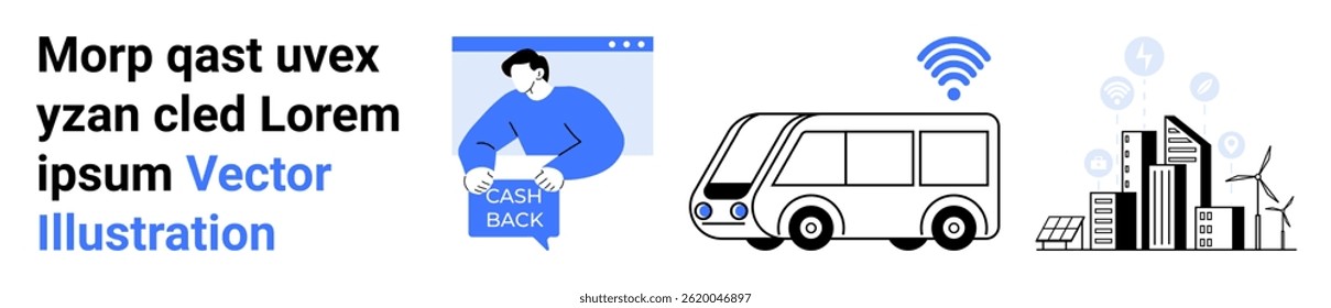 Cashback service concept with a person holding cash back. Electric bus with wireless and modern smart city with wind turbines, and renewable energy sources. Ideal for digital services