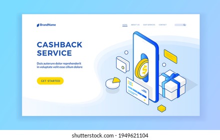 Cashback service. Landing page website banner template. Vector isometric illustration of smartphone with coin near credit card and gift box representing beneficial cashback service