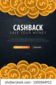 Cashback service. Save your money. Gold coins on the dark doodle background