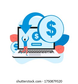 Servicios Cashback. El hombre se gana la moneda de un dólar por la compra de Internet.	
