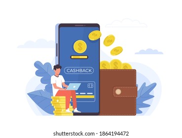 Cashback. Monedas de gente pequeña y artículos grandes, smartphone y monedero gigantes, aplicación móvil de ewallet, devolución de dinero de la banca en línea para el comprador, devolución de dinero al cliente, concepto plano de vector de instrumentos de promoción financiera