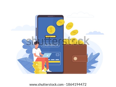 Cashback. Small people and big items coins, huge smartphone and purse, ewallet mobile app, online banking cashback for buyer, customer money refund, financial promotion instrument vector flat concept