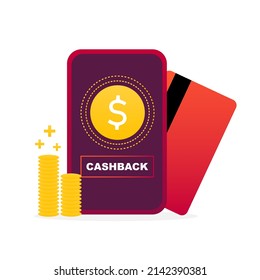 Cashback smartphone application. Vector concept illustration for cashback with mobile phone, credit card and piles of golden coins.