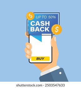 Cashback with smartphone in hand icon in flat style. Money back label vector illustration on isolated background. Cash back poster sign business concept.