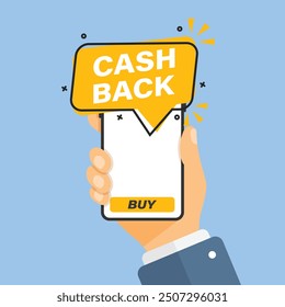 Cashback with smartphone in hand icon in flat style. Money back label vector illustration on isolated background. Cash back poster sign business concept.