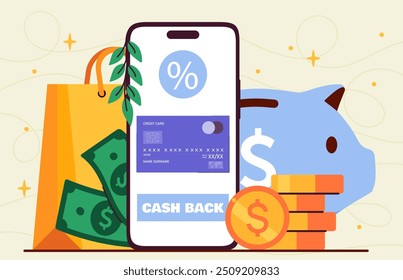 Cashback no smartphone. Moedas de ouro e de banco de porcos perto da tela do telefone celular. Oferta especial para clientes. Comercialização na Internet e no comércio eletrônico. Ilustração de vetor plano