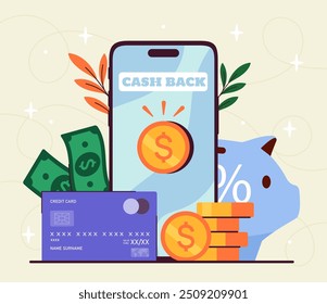 Cashback no smartphone. Moedas de ouro e de banco de porcos perto da tela do telefone celular. Elemento gráfico para site. Comercialização na Internet e no comércio eletrônico. Ilustração de vetor plano