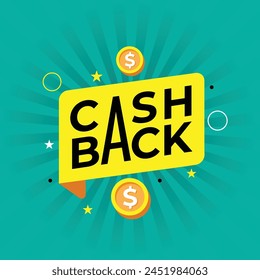 Cashback sticker design with vector coin isolated on blue background. Cashback or money back label. Business marketing or promotion template, poster, banner. Finance dollar icon