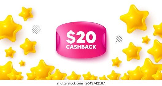 Cashback sticker stars banner. 3d stars background. 20 Usd cashback. Money back offer sign. Cash back promo symbol. Winner sparkle banner. Promo background. Vector