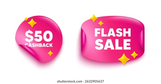 Cashback sticker tag. Flash offer paper price banner. 50 Usd cashback. Money back offer sign. Cash back promo symbol. Discount sticker with 3d glitter. Vector