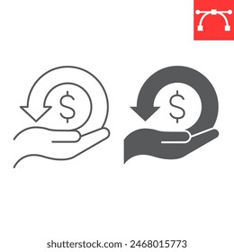 Cashback tax line and glyph icon, tax and hand dollar, refund vector icon, vector graphics, editable stroke outline sign, eps 10.