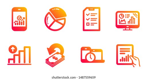 Cashback, Time management and Smartphone statistics line icons set. Pie chart, Graph chart and Interview signs. Analytics graph, Document symbols. Financial transfer, Laptop device. Vector