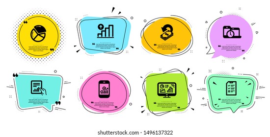 Cashback, Time management and Smartphone statistics line icons set. Chat bubbles with quotes. Pie chart, Graph chart and Interview signs. Analytics graph, Document symbols. Vector