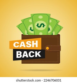 Cashback, a vector concept of saving money with a wallet and paper dollars, isolated on a yellow gradient background. The guarantee of the bonus program is a financial sticker. Online stores, cashback