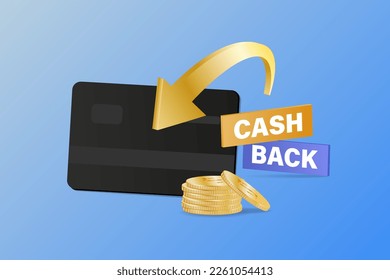 Cashback, a vector concept of saving money with dollar coins, arrows, and a credit card. The guarantee of the bonus program is a financial sticker. Online stores, the logo of the cashback sale offer