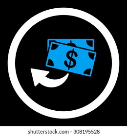 Cashback vector icon. This flat rounded symbol uses blue and white colors and isolated on a black background.