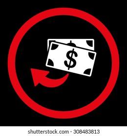 Cashback vector icon. This flat rounded symbol uses red and white colors and isolated on a black background.