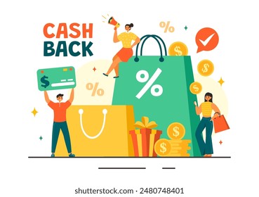 Ilustración vectorial de Cashback con Pago Financiero a Dinero Servicio de Cashback para un Comprador en un Fondo de Estilo de Dibujos Animados Plano
