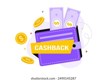 Cashback Vektorillustration mit finanzieller Zahlung an Geld Cashback Service für einen Käufer auf einem flachen Cartoon Stil Hintergrund