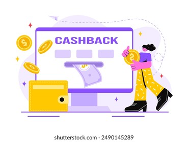Ilustración vectorial de Cashback con Pago Financiero a Dinero Servicio de Cashback para un Comprador en un Fondo de Estilo de Dibujos Animados Plano
