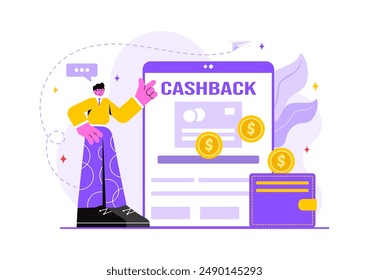 Cashback Vector Illustration with Financial Payment to Money Cashback Service for a Buyer on a Flat Cartoon Style Background