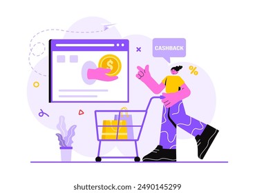 Cashback Vector Illustration with Financial Payment to Money Cashback Service for a Buyer on a Flat Cartoon Style Background