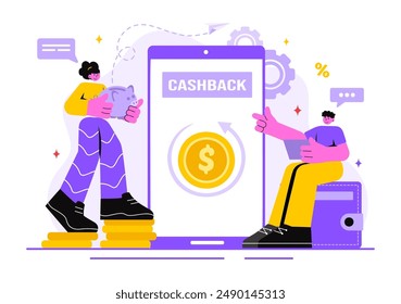Cashback Vektorillustration mit finanzieller Zahlung an Geld Cashback Service für einen Käufer auf einem flachen Cartoon Stil Hintergrund