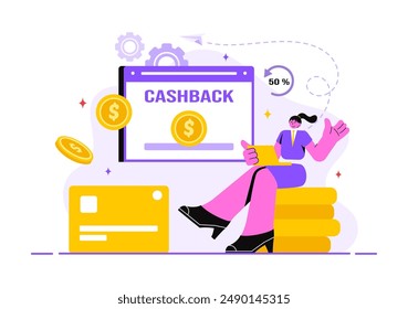 Cashback Vector Illustration with Financial Payment to Money Cashback Service for a Buyer on a Flat Cartoon Style Background