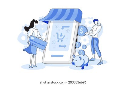 Ilustración vectorial de Cashback, Haciendo concepto abstracto de compra en línea, Programa de Lealtad, Programa de Reembolso de Dinero, Banca en línea, Pago móvil, compras, ahorro de banco de cerdos.