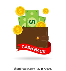 Cashback, un concepto vectorial de ahorro de dinero con monedas en dólares, billetera, dólares de papel y una cinta roja aislada en blanco. La garantía del programa de bonificaciones es una etiqueta financiera. Tiendas en línea, cashback 
