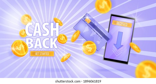 Cashback vector money saving program, reward offer web banner with smartphone, credit bank card, dollar coins. Online shopping bonus app concept. Cashback program promotion finance purple illustration