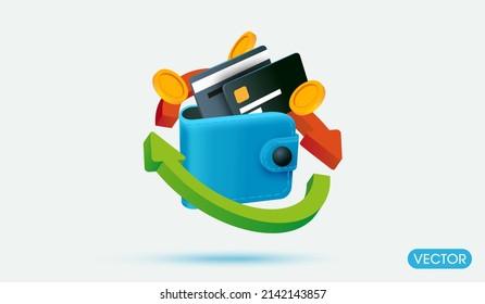 Cashback in wallet. golden coins and credit card money saving or payment minimal blue wallet isolate on background 3d vector illustration style concept. 