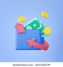 Cashback in wallet icon concept. floating with arrow debit ,credit card Finance shopping online Payments exchange. 3d rendering. Vector illustration