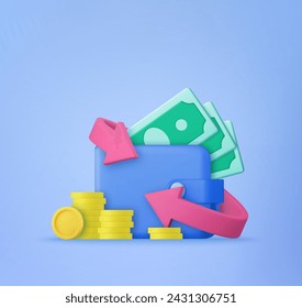 Cashback in wallet icon concept. floating with arrow debit ,credit card Finance shopping online Payments exchange. 3d rendering. Vector illustration