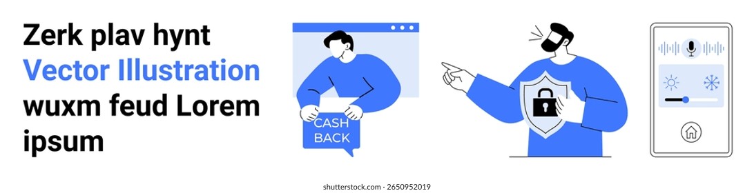 Cash-back website, security figure with shield and lock, smartphone voice control. Ideal for finance, e-commerce, cyber security, user interface, smart home, tech tutorials, promotional materials