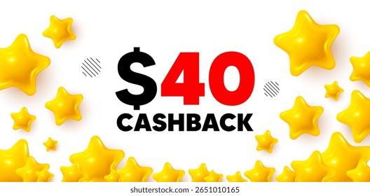 Banner vencedor do Cashback com estrelas 3d. Banner das estrelas douradas. 40 Usd cashback. Sinal de oferta de devolução de dinheiro. Símbolo promocional de reembolso. Revisar plano de fundo da taxa. Vetor