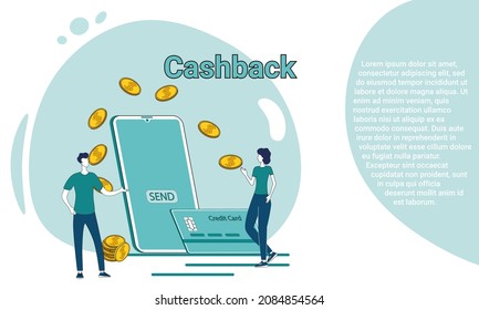 Cashback.People get cashback using mobile apps.Cash payments and financial savings.An illustration in the style of a landing page in green.