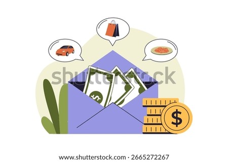 Cash-Based Envelope Budgeting Illustration. Spending and Expenses. Vector Flat Illustration