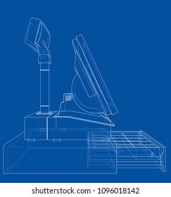 Cashbox with touch screen concept. Vector rendering of 3d. Wire-frame style. The layers of visible and invisible lines are separated