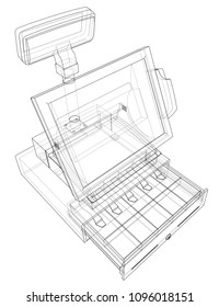 Cashbox with touch screen concept. Vector rendering of 3d. Wire-frame style. The layers of visible and invisible lines are separated