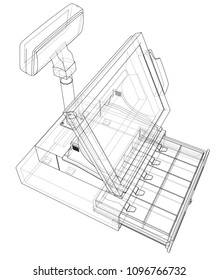 Cashbox with touch screen concept. Vector rendering of 3d. Wire-frame style. The layers of visible and invisible lines are separated