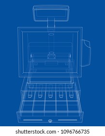 Cashbox with touch screen concept. Vector rendering of 3d. Wire-frame style. The layers of visible and invisible lines are separated