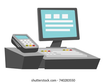 Cashbox with touch screen and payment terminal for credit card vector cartoon illustration isolated on white background.