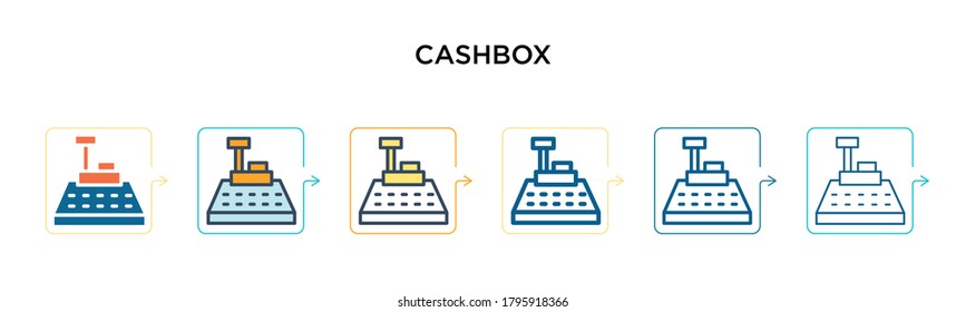 Icono vectorial de caja de carga en 6 estilos modernos diferentes. Iconos negros, de dos colores en caja diseñados con el estilo relleno, contorno, línea y trazo. La ilustración vectorial se puede usar para web, móvil, ui