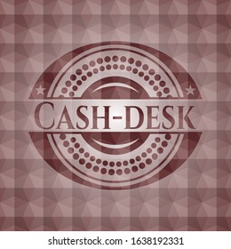 Cash-desk red emblem or badge with abstract geometric pattern background. Seamless.