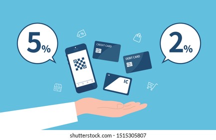 casheless payment,cashback imege with hand,vector illustration