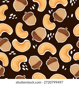 Cashew and acron seamless pattern with dark background. Can be used for wallpaper, paper wrapping and healthy food decoration