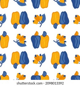 Cashew Apple. Tropical fruit seamless pattern in hand-drawn style. Vegetarian food vector repeat background for colorful summer fabric.