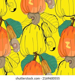Cashew background.Fruit pattern.tropical.Summer pattern. Cashew Hand drawn pattern.Colorful pattern