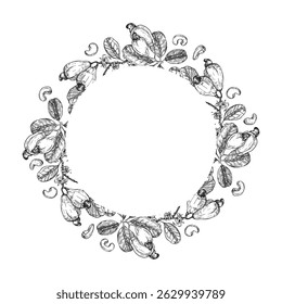 Cashew branch wreath with fruits and seeds. Hand drawn ink vector illustrations. Template for label design of vegetarian products, desserts and nuts